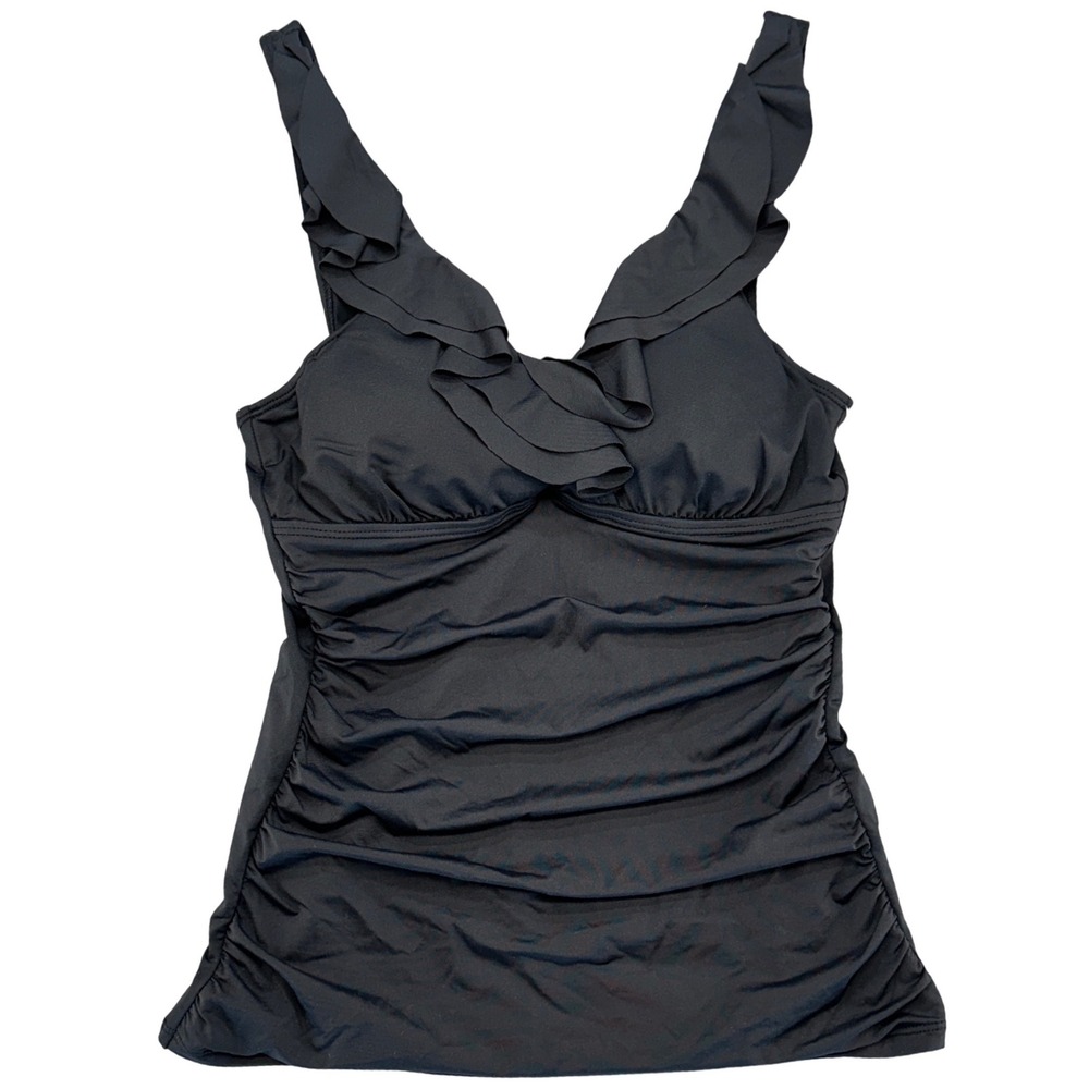 Lauren Ralph Lauren Beach Club Ruffle Tankini Top 4 Black Ruched Tummy‎ Control